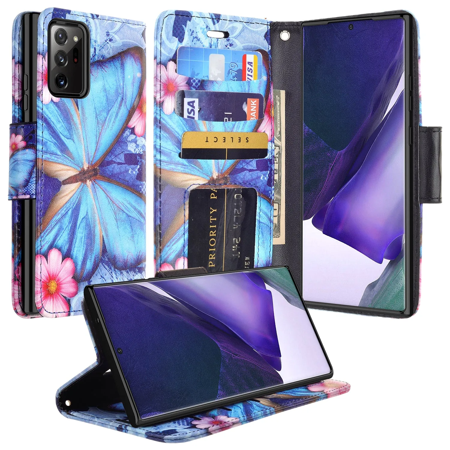 Samsung Galaxy Note 20 Ultra Case, Galaxy Note 20 Ultra Wallet Case, Wrist Strap Pu Leather Wallet Case [Kickstand] with ID & Credit Card Slots - Blue Butterfly