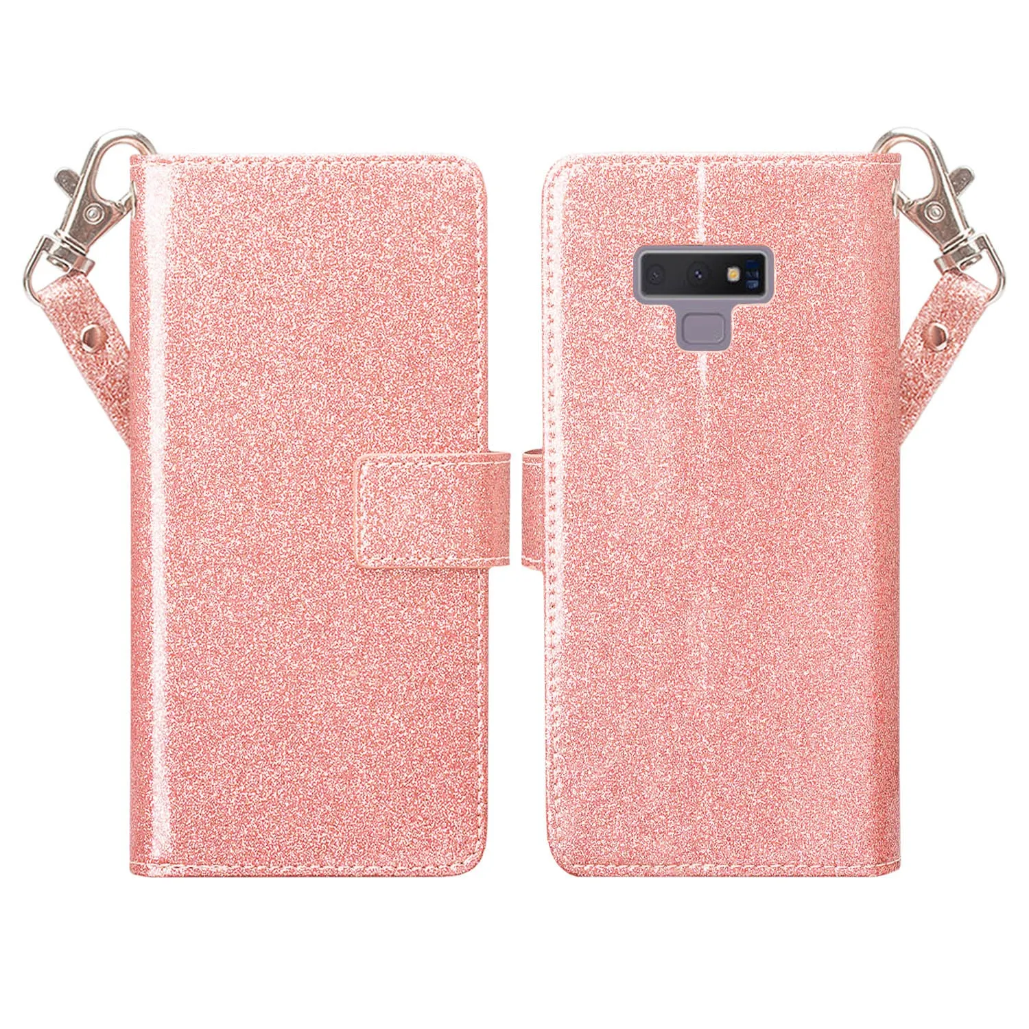 Samsung Galaxy Note 9, SM-N960U Case, [Wrist Strap] Glitter Faux Leather Flip [Kickstand Feature] Protective Wallet Case Cover Clutch - Rose Gold