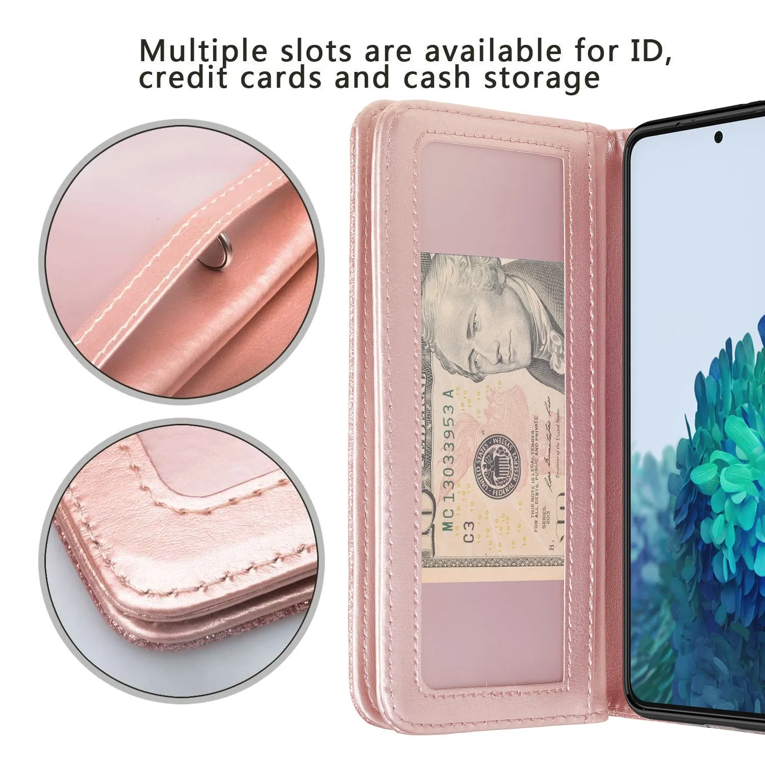 Samsung Galaxy S21  Case, Galaxy S21 Plus Case, Glitter Faux Leather Flip Credit Card Holder Wrist Strap Shockproof Protective Wallet Case Clutch for Galaxy S21  /Galaxy S21 Plus - Rose Gold