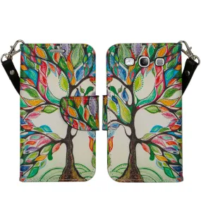 Samsung Galaxy S3 Case, Wrist Strap Magnetic Fold[Kickstand] Pu Leather Wallet Case with ID & Credit Card Slots for Samsung Galaxy S3 - Colorful Tree