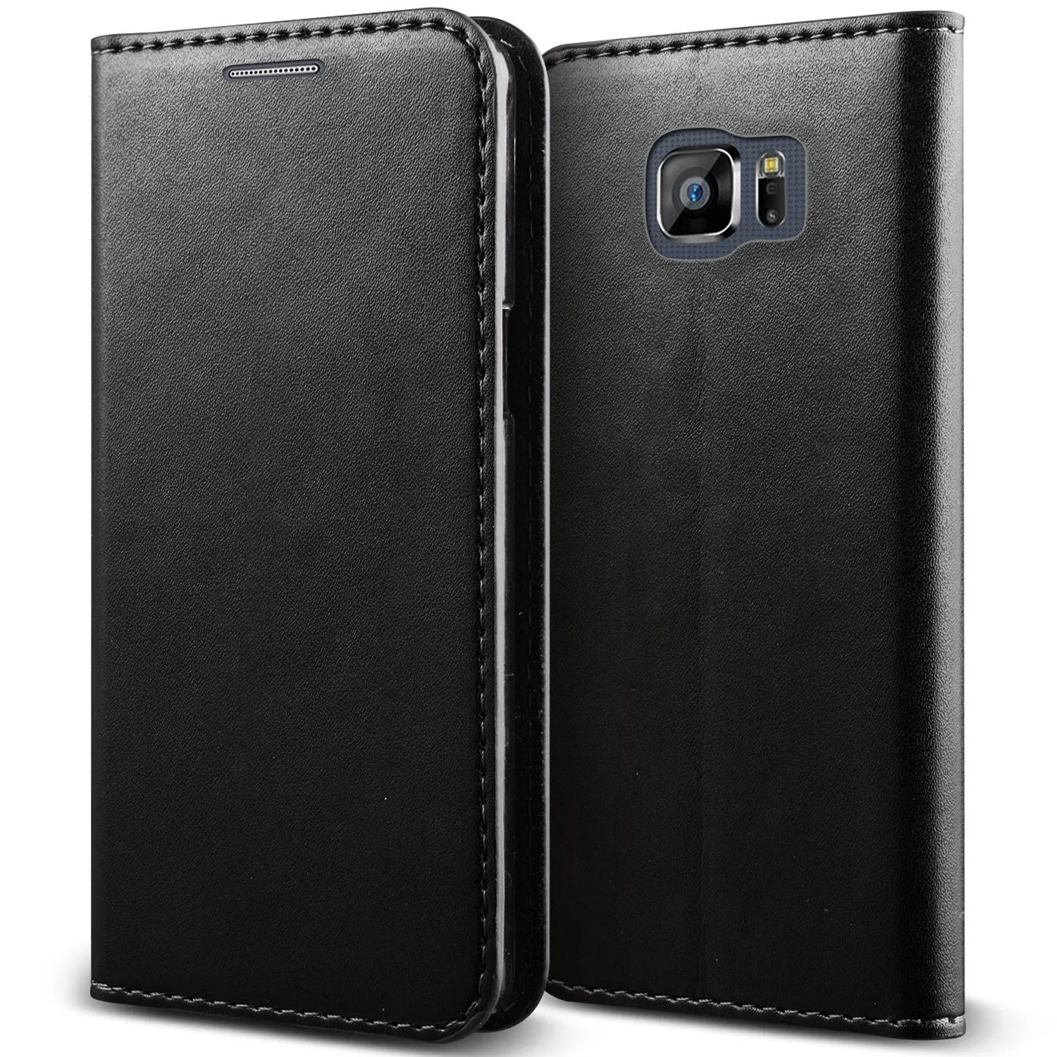 Samsung Galaxy S6 Edge Plus Case, Genuine Leather Magnetic Fold[Kickstand] Wallet Case with ID & Card Slots for S6 Edge Plus - Black