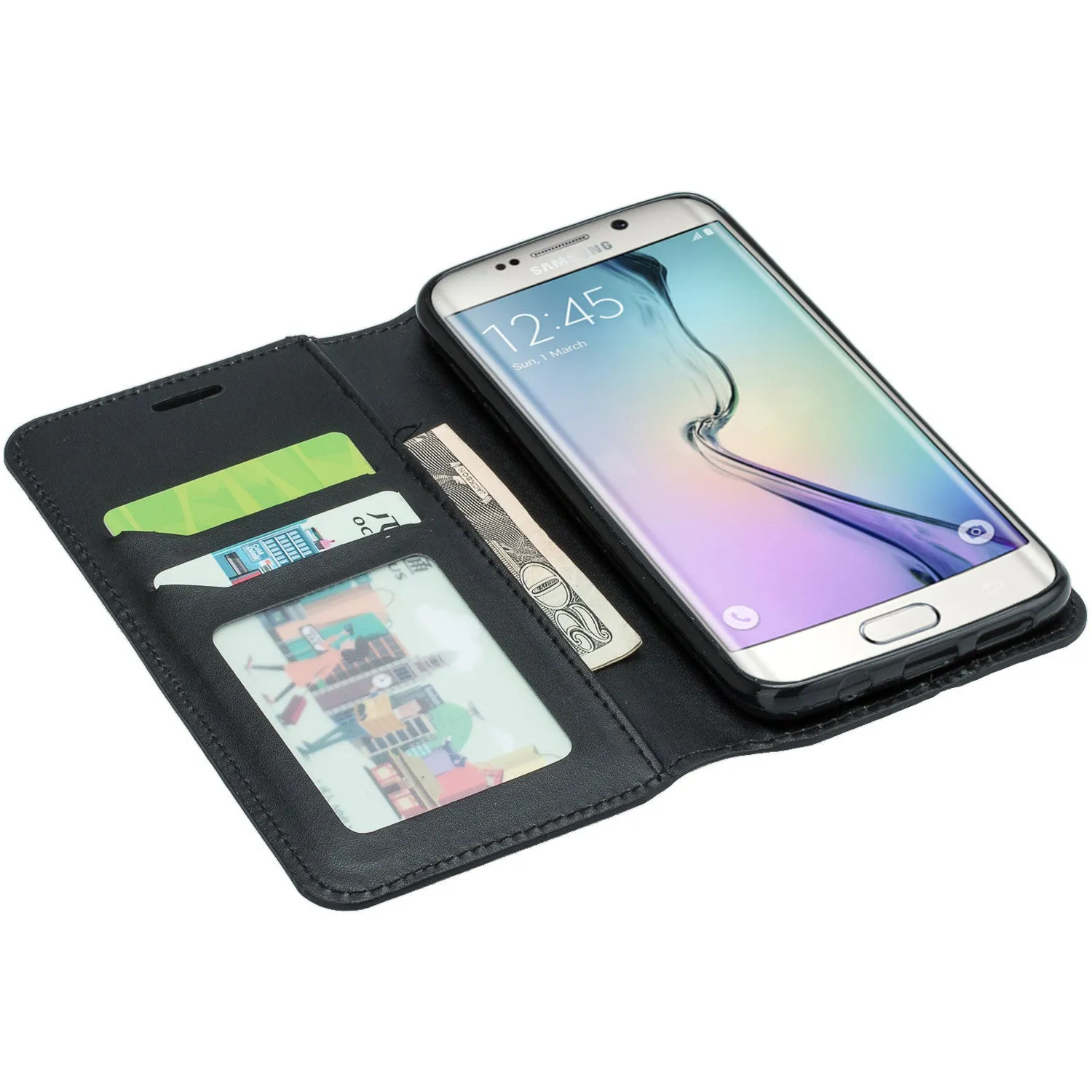 Samsung Galaxy S6 Edge Plus Case, Genuine Leather Magnetic Fold[Kickstand] Wallet Case with ID & Card Slots for S6 Edge Plus - Black