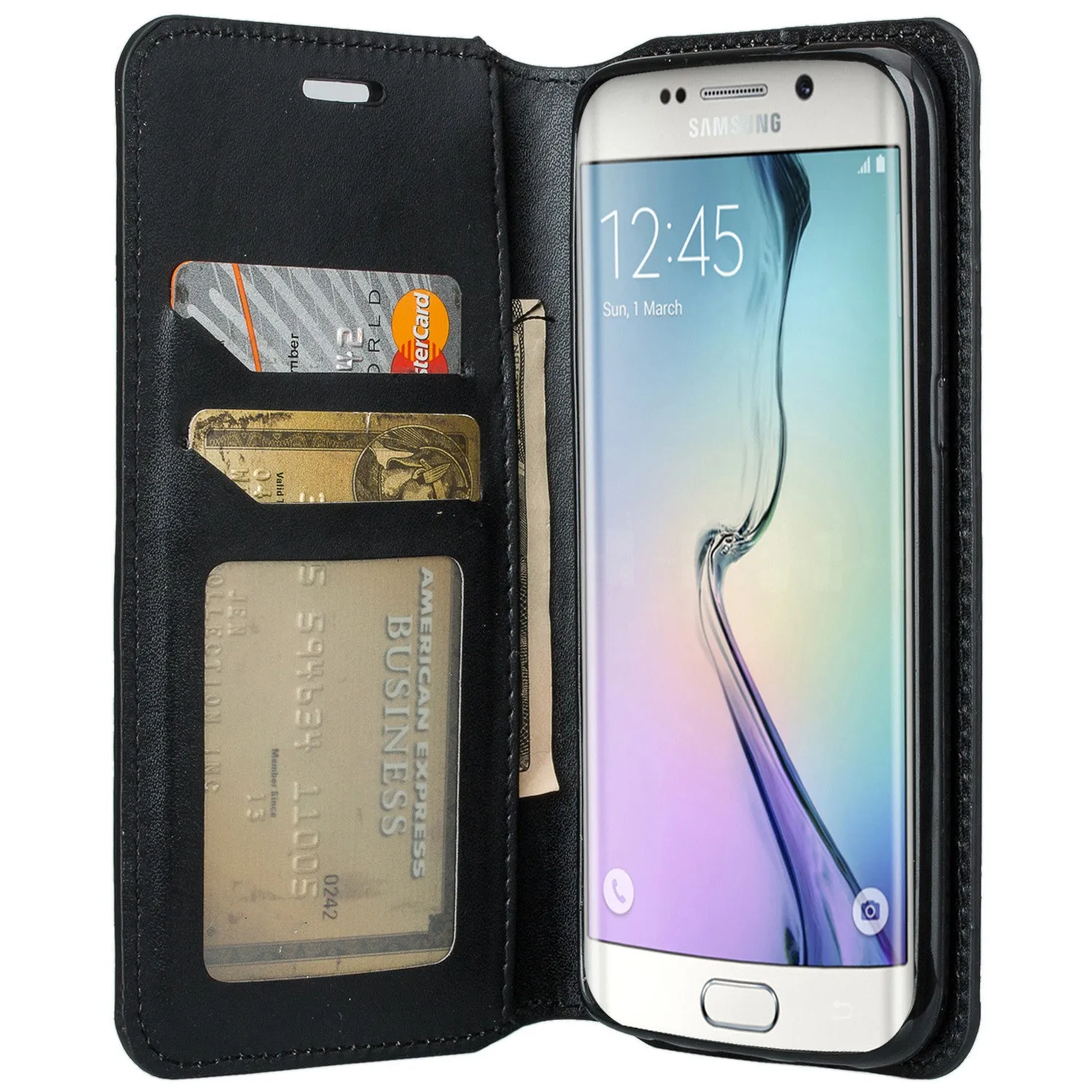 Samsung Galaxy S6 Edge Plus Case, Genuine Leather Magnetic Fold[Kickstand] Wallet Case with ID & Card Slots for S6 Edge Plus - Black