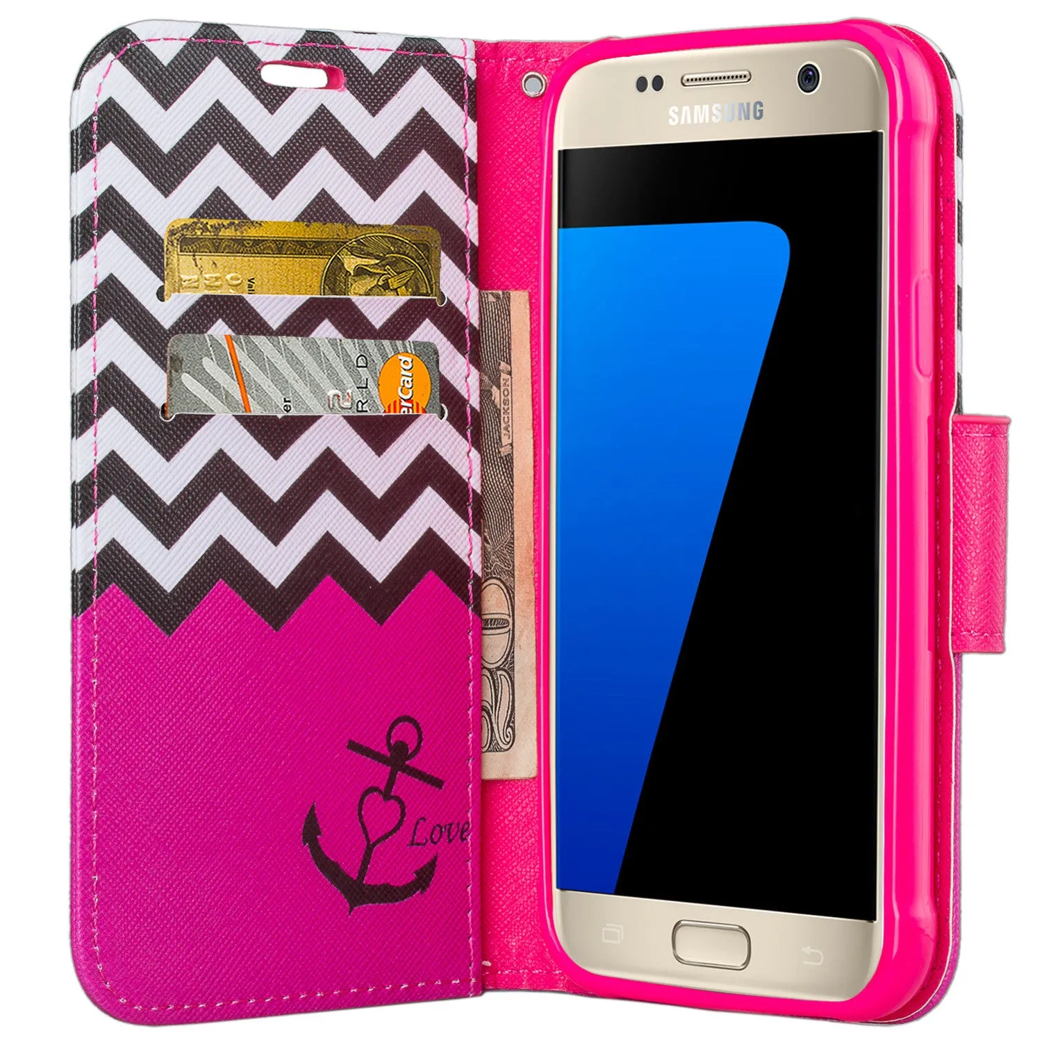 Samsung Galaxy S7 Active Case, Wrist Strap Magnetic Fold[Kickstand] Pu Leather Wallet Case with ID & Credit Card Slots for Samsung Galaxy S7 Active - Hot Pink Anchor