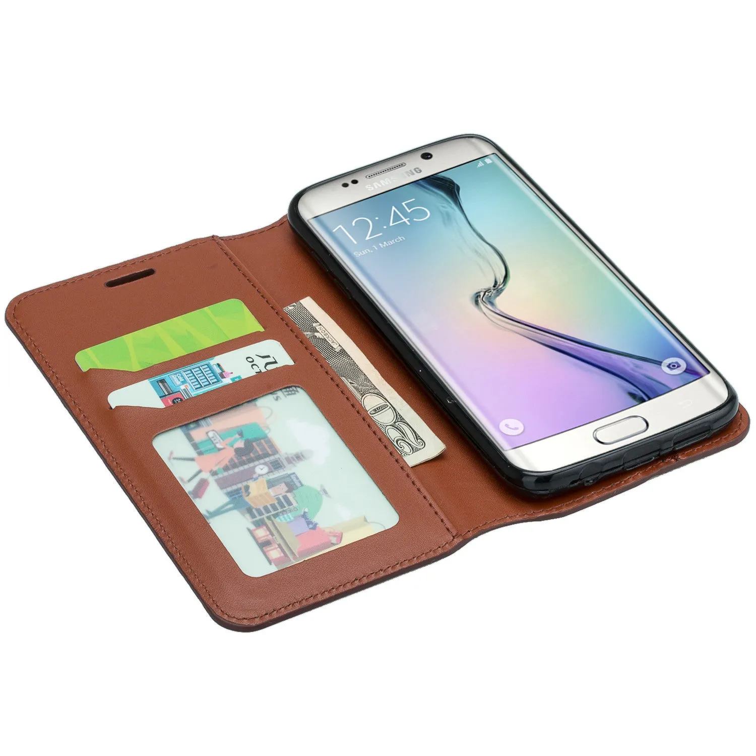 Samsung Galaxy S7 Edge Genuine Leather Case, Magnetic Flip Fold[Kickstand] with ID & Card Slots for Galaxy S7 Edge - Brown