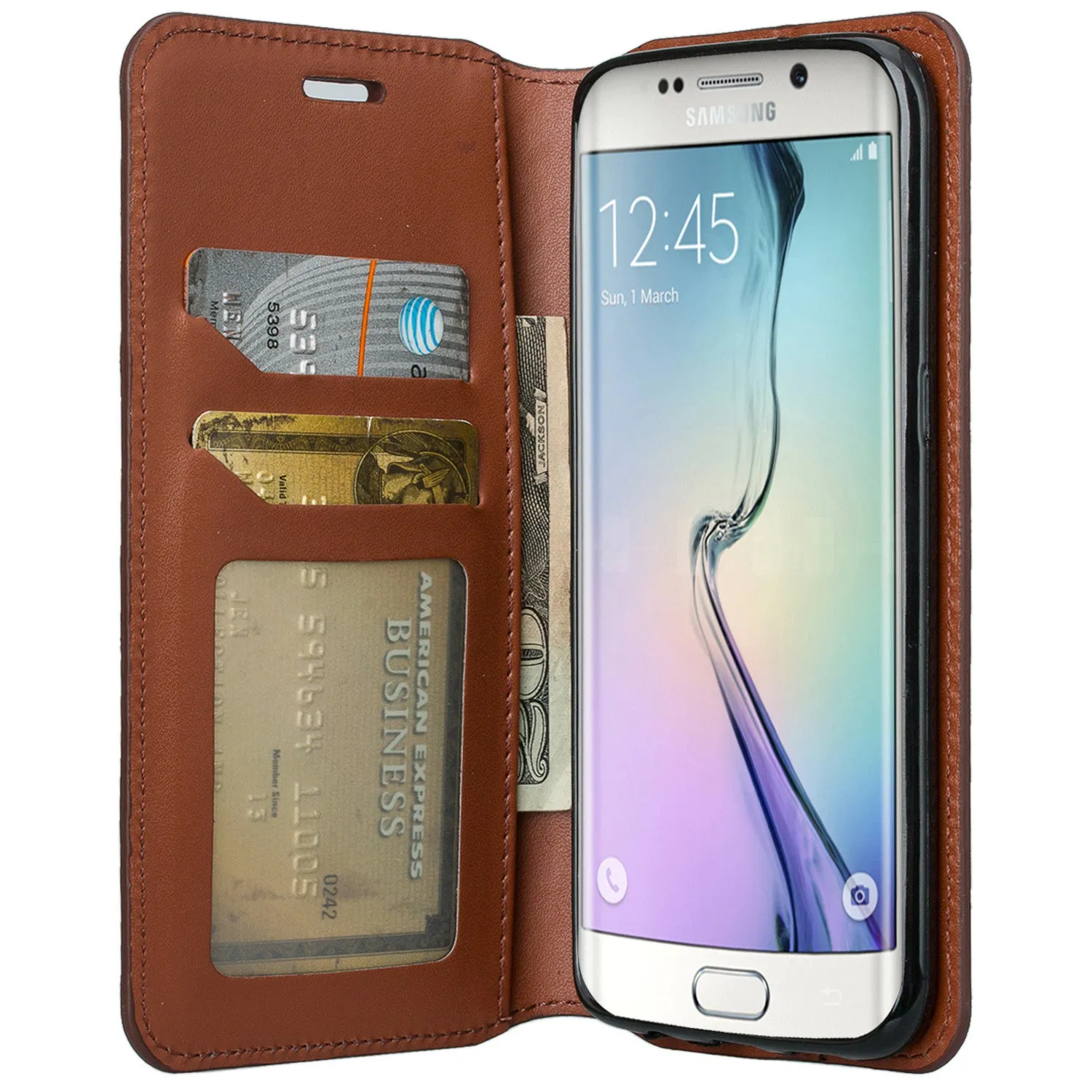 Samsung Galaxy S7 Edge Genuine Leather Case, Magnetic Flip Fold[Kickstand] with ID & Card Slots for Galaxy S7 Edge - Brown