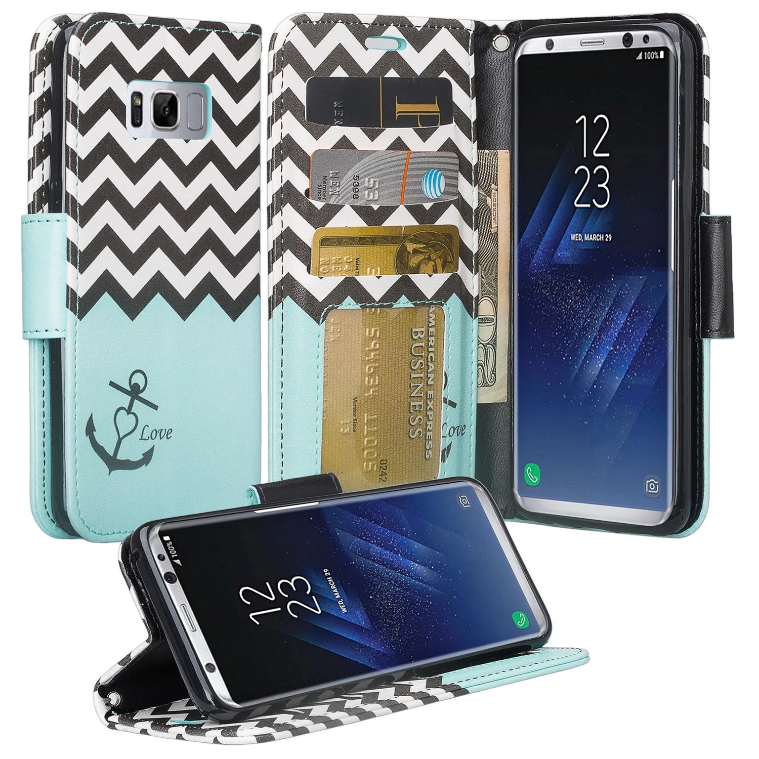 Samsung Galaxy S8 Case, SM-G950 Wallet Case, Wrist Strap Pu Leather Wallet Case [Kickstand] with ID & Credit Card Slots - Teal Anchor