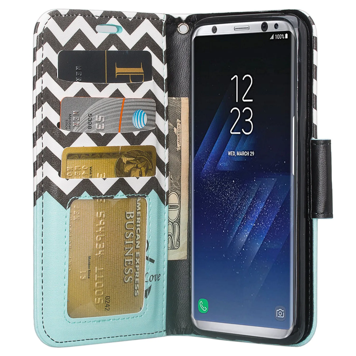 Samsung Galaxy S8 Case, SM-G950 Wallet Case, Wrist Strap Pu Leather Wallet Case [Kickstand] with ID & Credit Card Slots - Teal Anchor