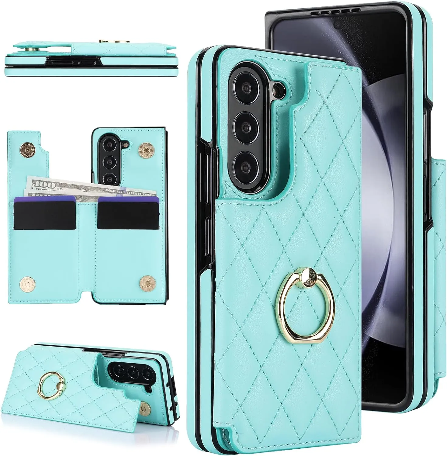 Samsung Galaxy Z Fold 5 Wallet Case Ring and Credit Card Holder Protective Cover