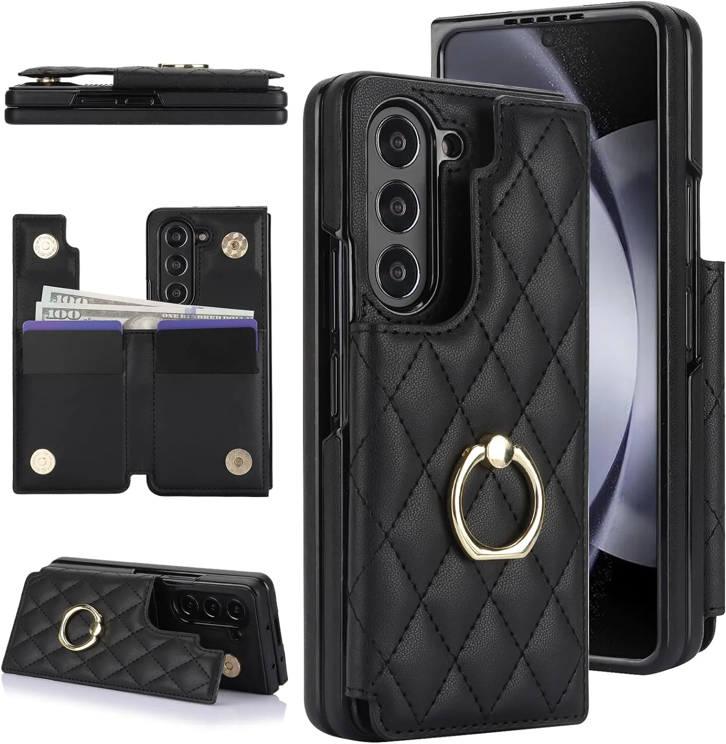 Samsung Galaxy Z Fold 5 Wallet Case Ring and Credit Card Holder Protective Cover