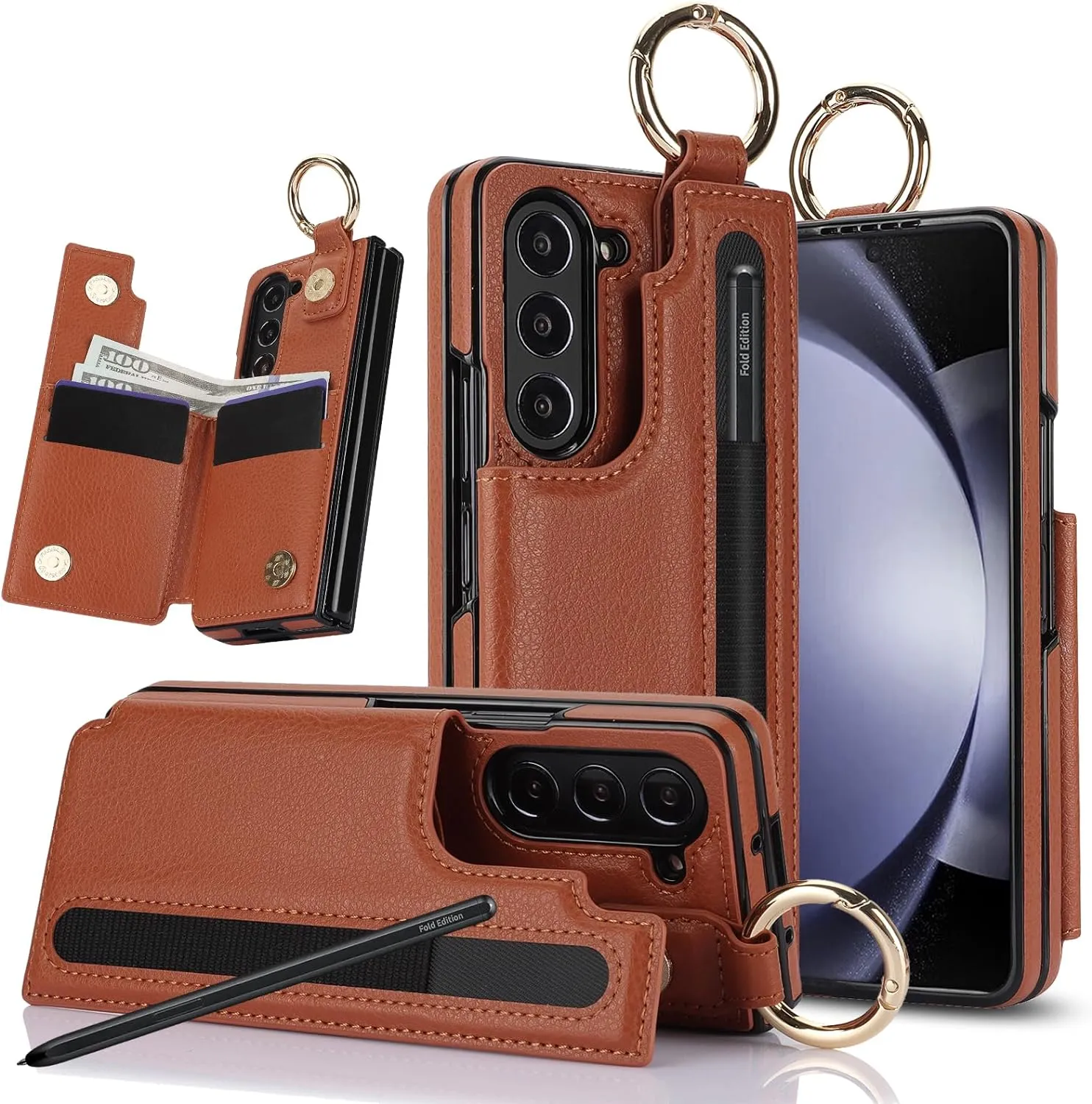 Samsung Galaxy Z Fold 5 Wallet Case Ring and Credit Card Holder Protective Cover