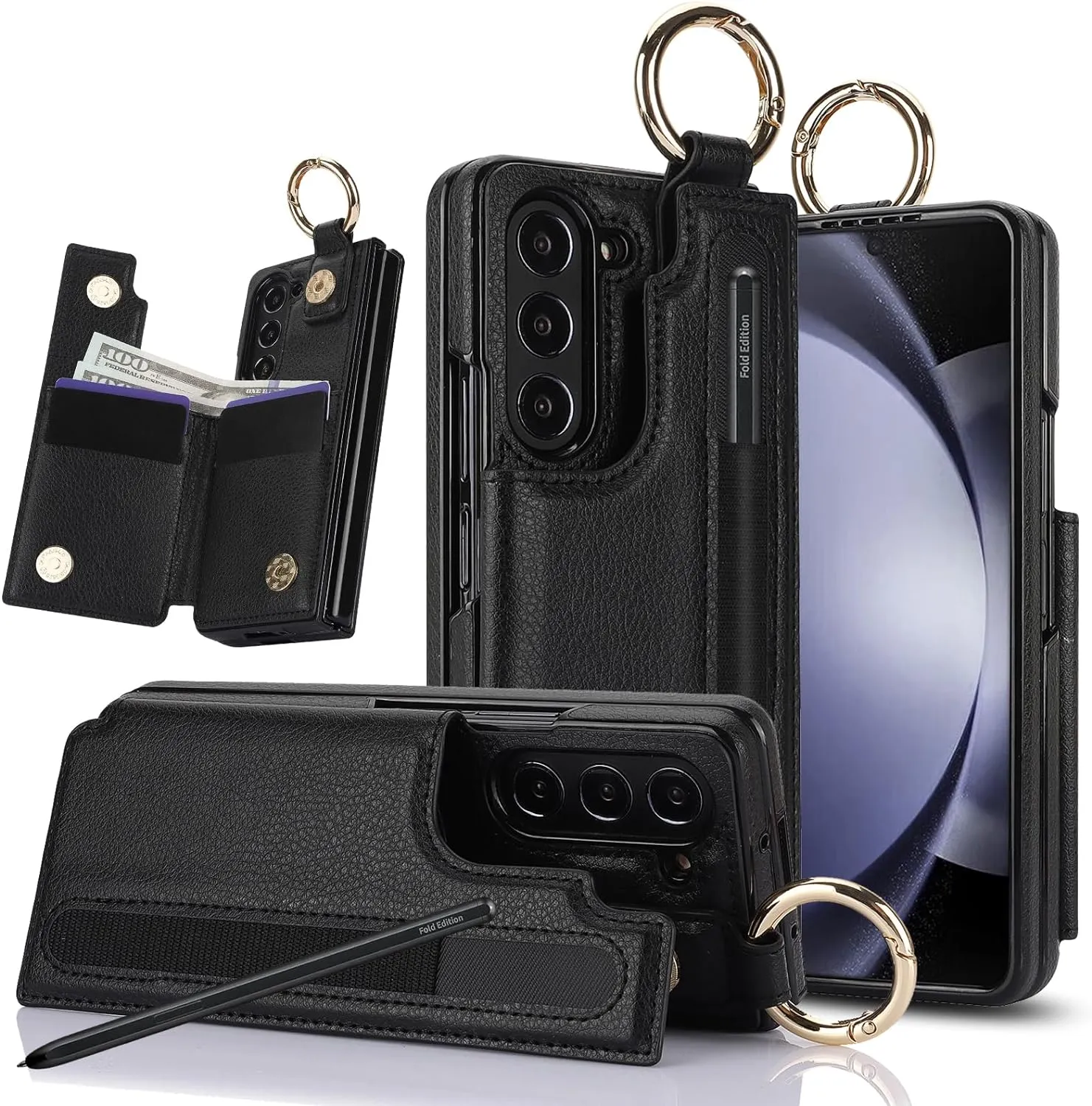 Samsung Galaxy Z Fold 5 Wallet Case Ring and Credit Card Holder Protective Cover