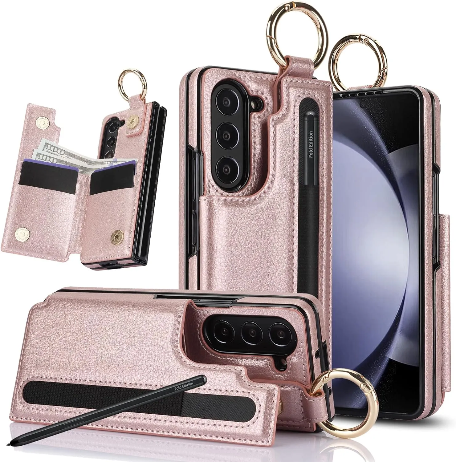 Samsung Galaxy Z Fold 5 Wallet Case Ring and Credit Card Holder Protective Cover