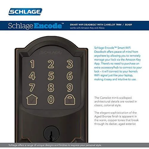 Schlage Lock Company BE489WB CAM 716 Schlage Encode Deadbolt Smart Lock | WiFi Touchscreen Keypad, Aged Bronze