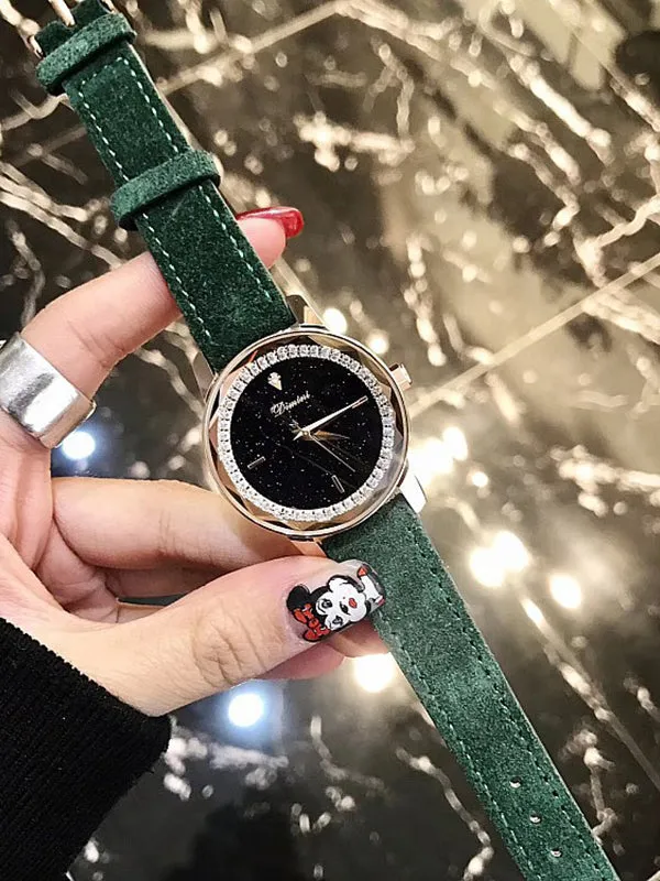 Starry Pattern With Rhinestone Leather Strap Women's Watch