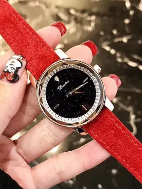 Starry Pattern With Rhinestone Leather Strap Women's Watch