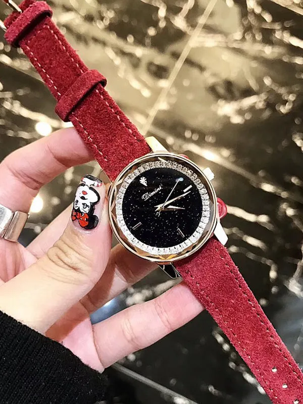 Starry Pattern With Rhinestone Leather Strap Women's Watch