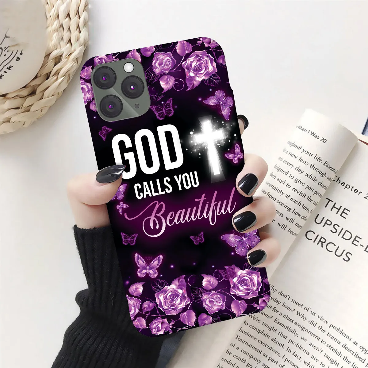 Teesdily | Jesus Butterfly Rose Purple Phone Case, God Calls You Beautiful Phone Cover, Christian Gifts For Women In Faith, God Believer Gifts