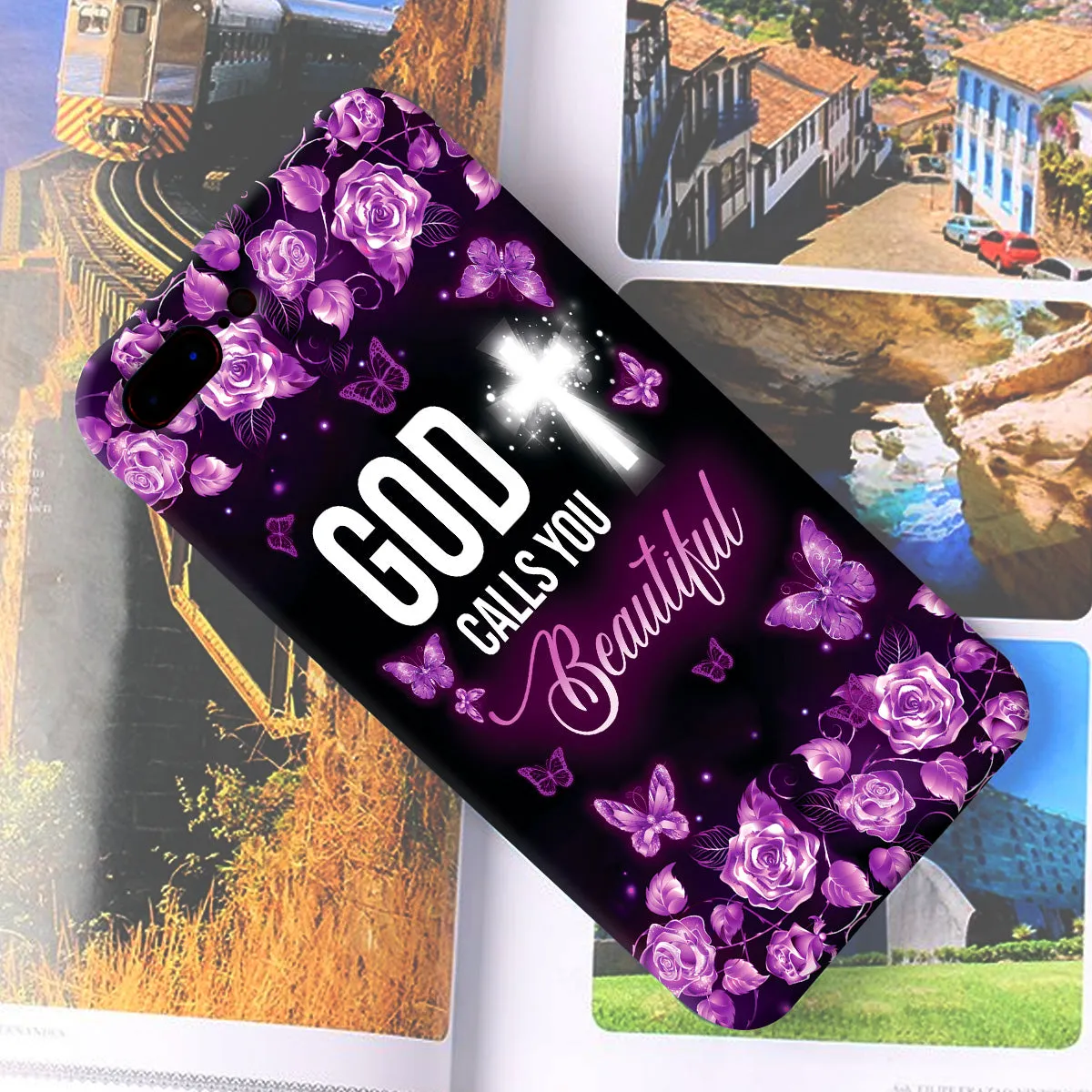 Teesdily | Jesus Butterfly Rose Purple Phone Case, God Calls You Beautiful Phone Cover, Christian Gifts For Women In Faith, God Believer Gifts