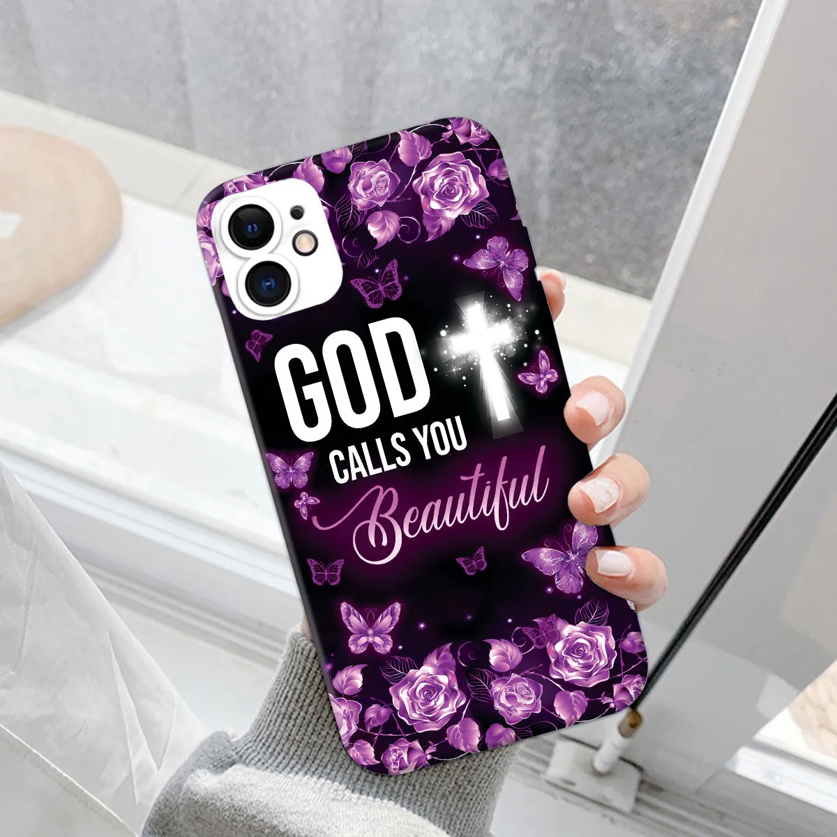 Teesdily | Jesus Butterfly Rose Purple Phone Case, God Calls You Beautiful Phone Cover, Christian Gifts For Women In Faith, God Believer Gifts