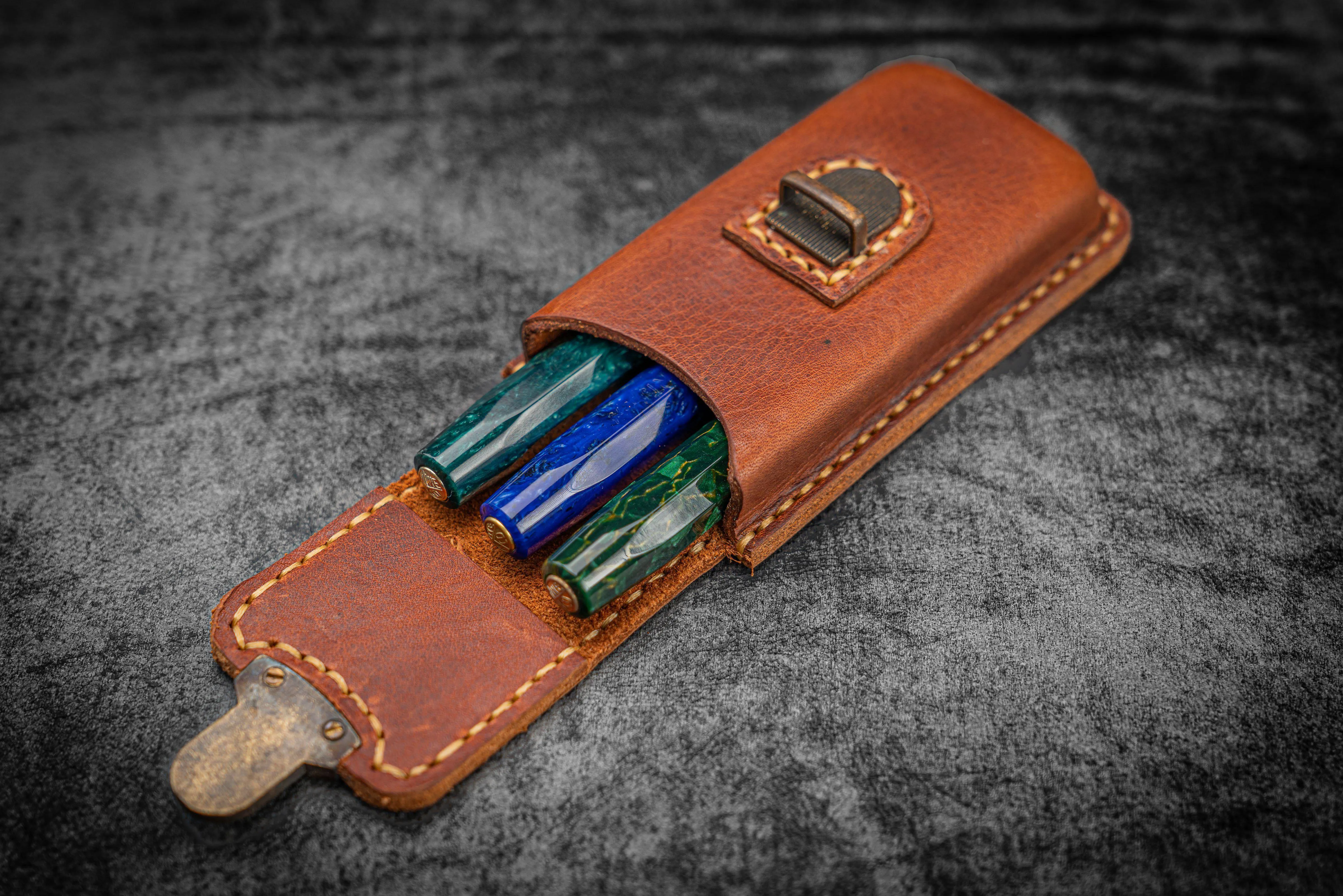 The Old School - Leather Molded Pen Case for 3 Pocket Pens - Distressed Leather