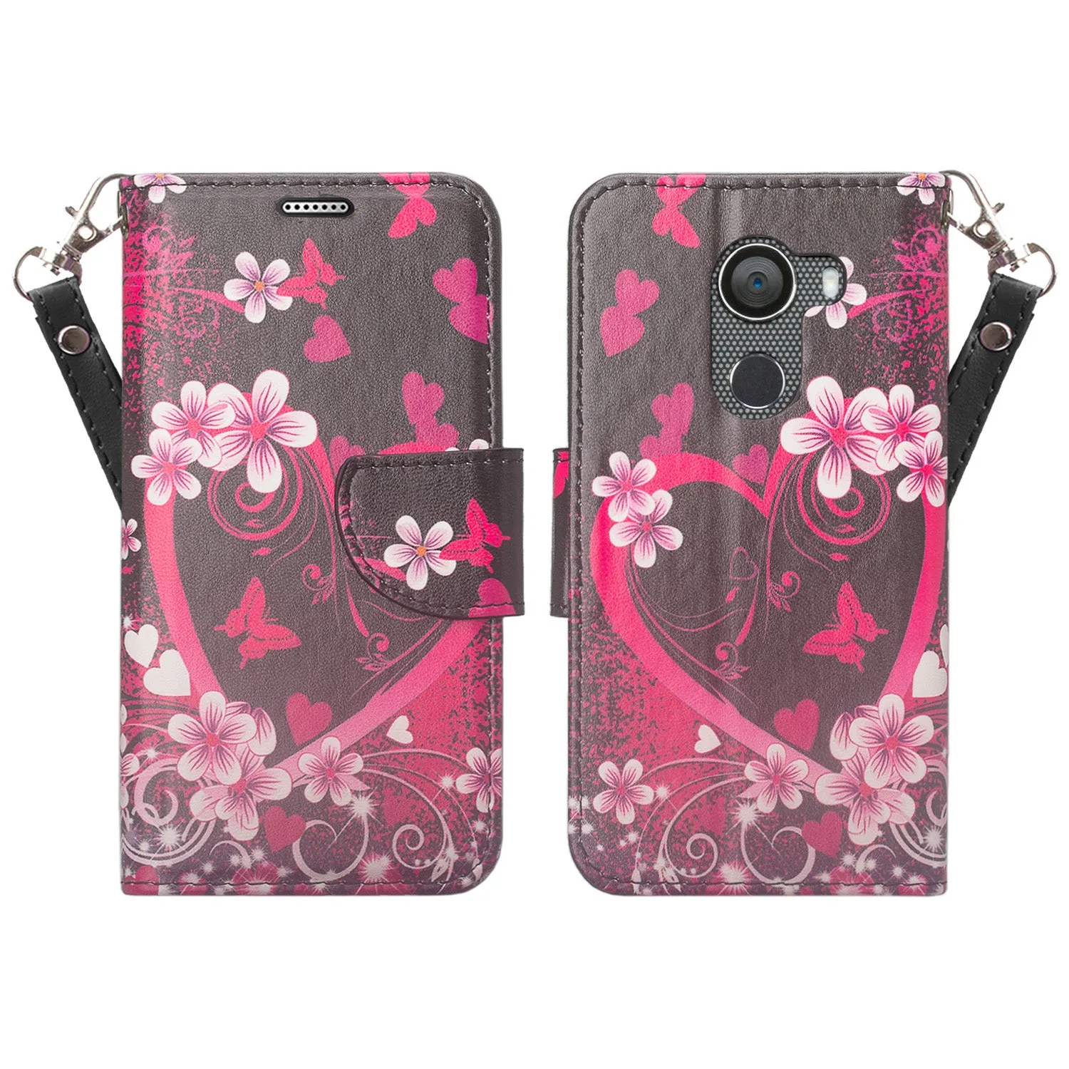 Tmobile REVVL, Alcatel A30 Plus, A30 Fierce, Alcatel Walters Case, Wrist Strap Pu Leather Wallet Flip [Kickstand] Cover with ID & Credit Card Slots - Heart Butterflies