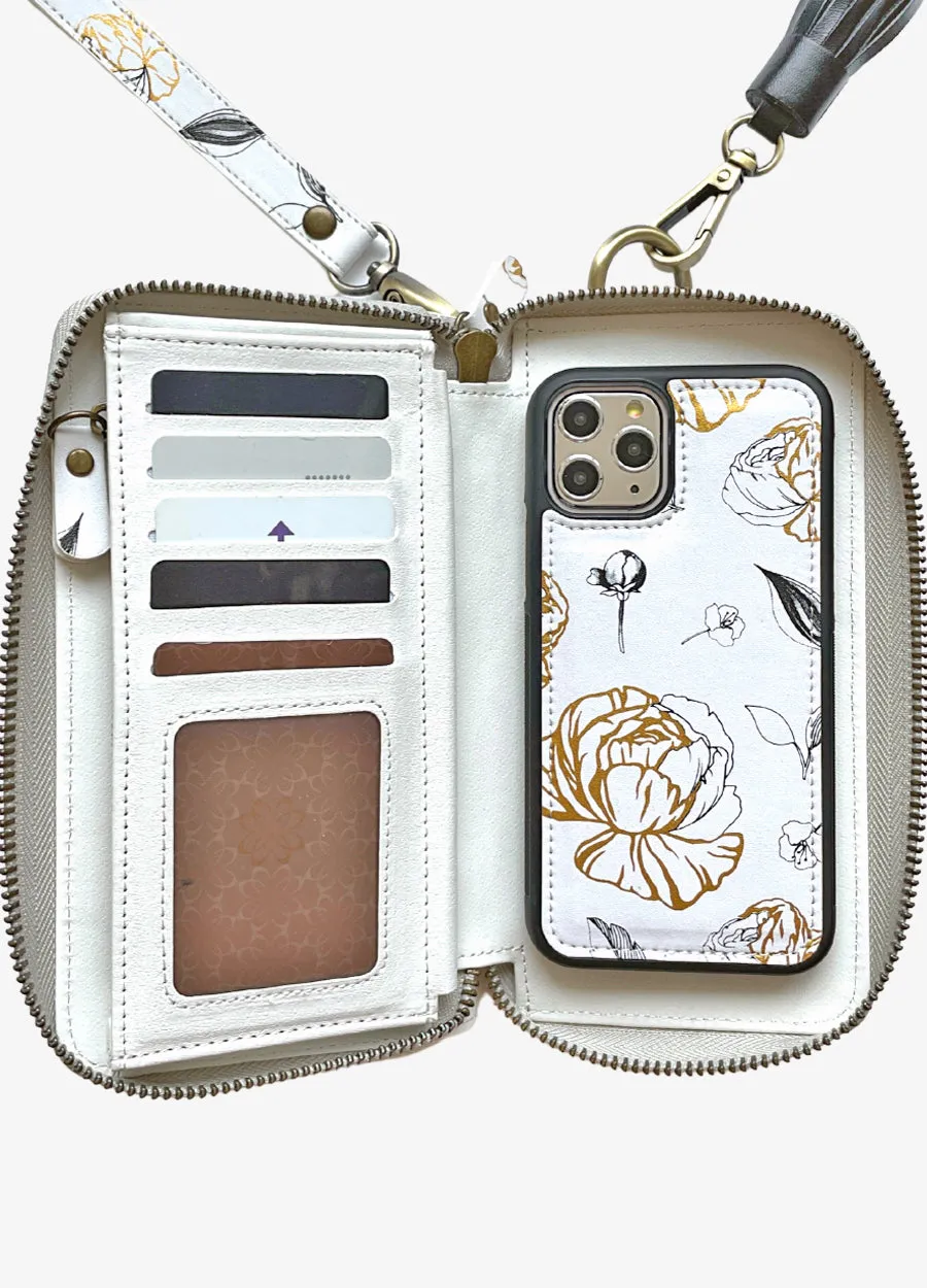 Ultimate Wristlet Phone Case in White & Gold Metallic Floral