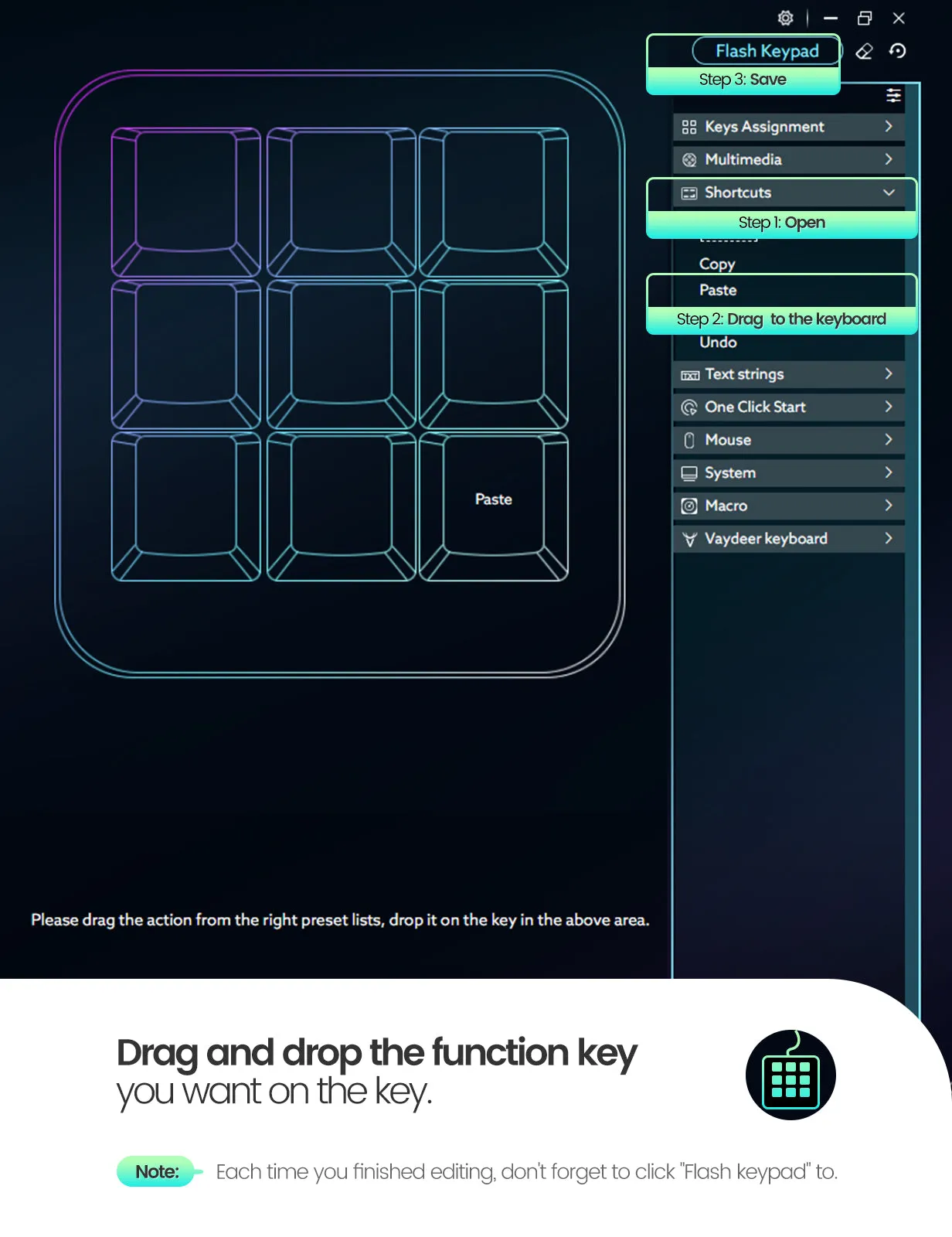 VAYDEER One-Handed Macro Keyboard - 9 Programmable Keys