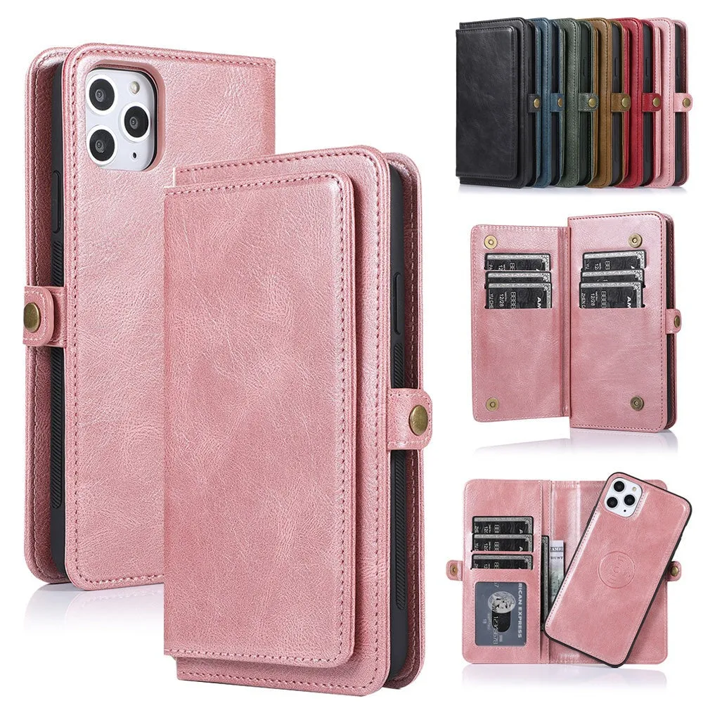 Vegan Leather Magnetic Card Holder Wallet Case with Strap for iPhone 11 to 15