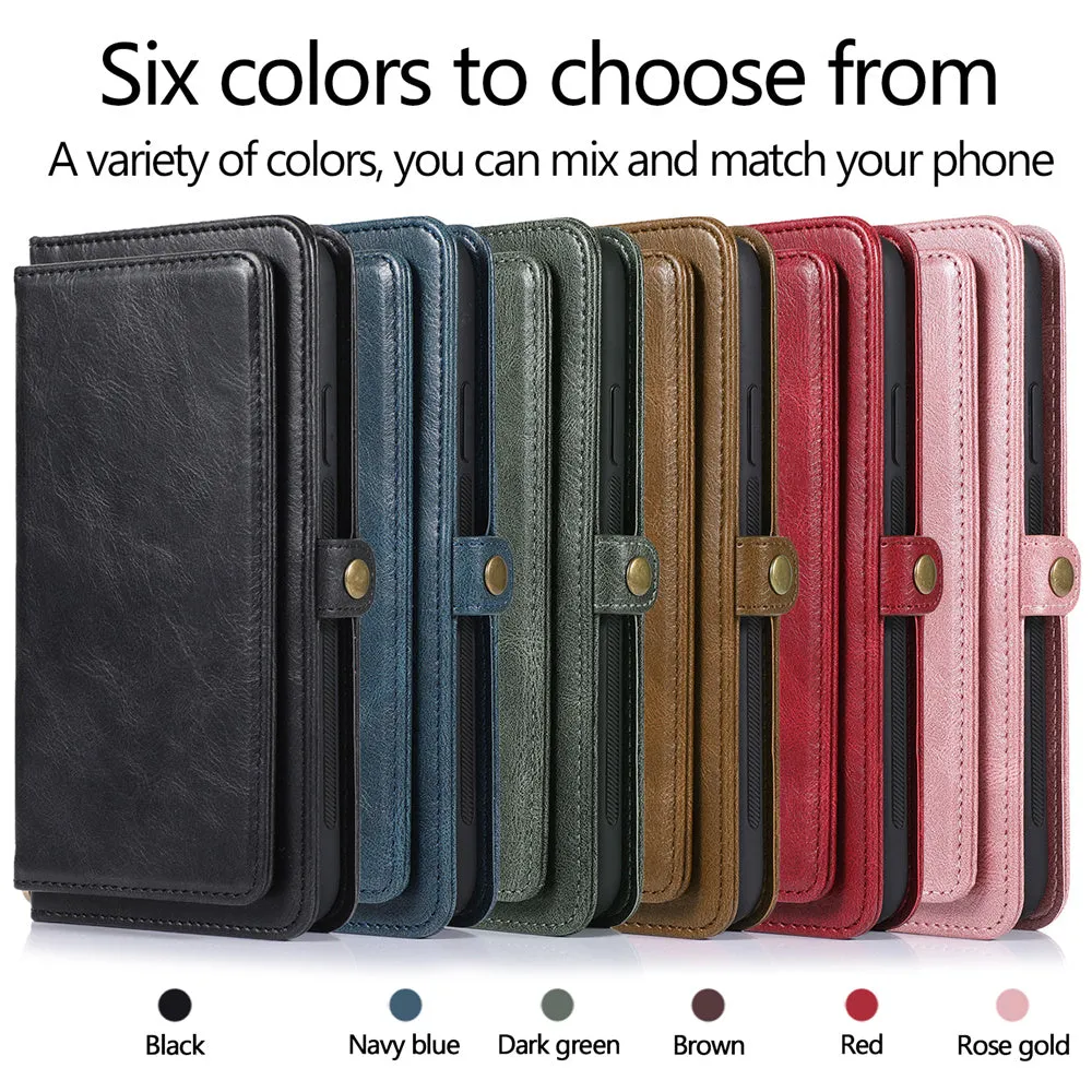 Vegan Leather Magnetic Card Holder Wallet Case with Strap for iPhone 11 to 15