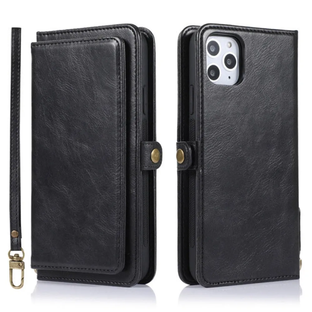 Vegan Leather Magnetic Card Holder Wallet Case with Strap for iPhone 11 to 15