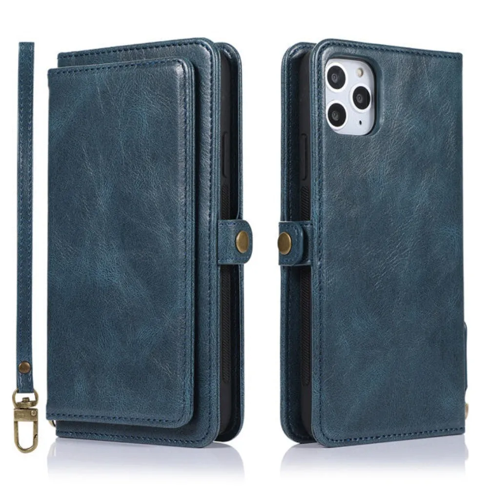 Vegan Leather Magnetic Card Holder Wallet Case with Strap for iPhone 11 to 15