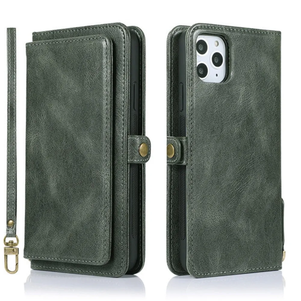 Vegan Leather Magnetic Card Holder Wallet Case with Strap for iPhone 11 to 15