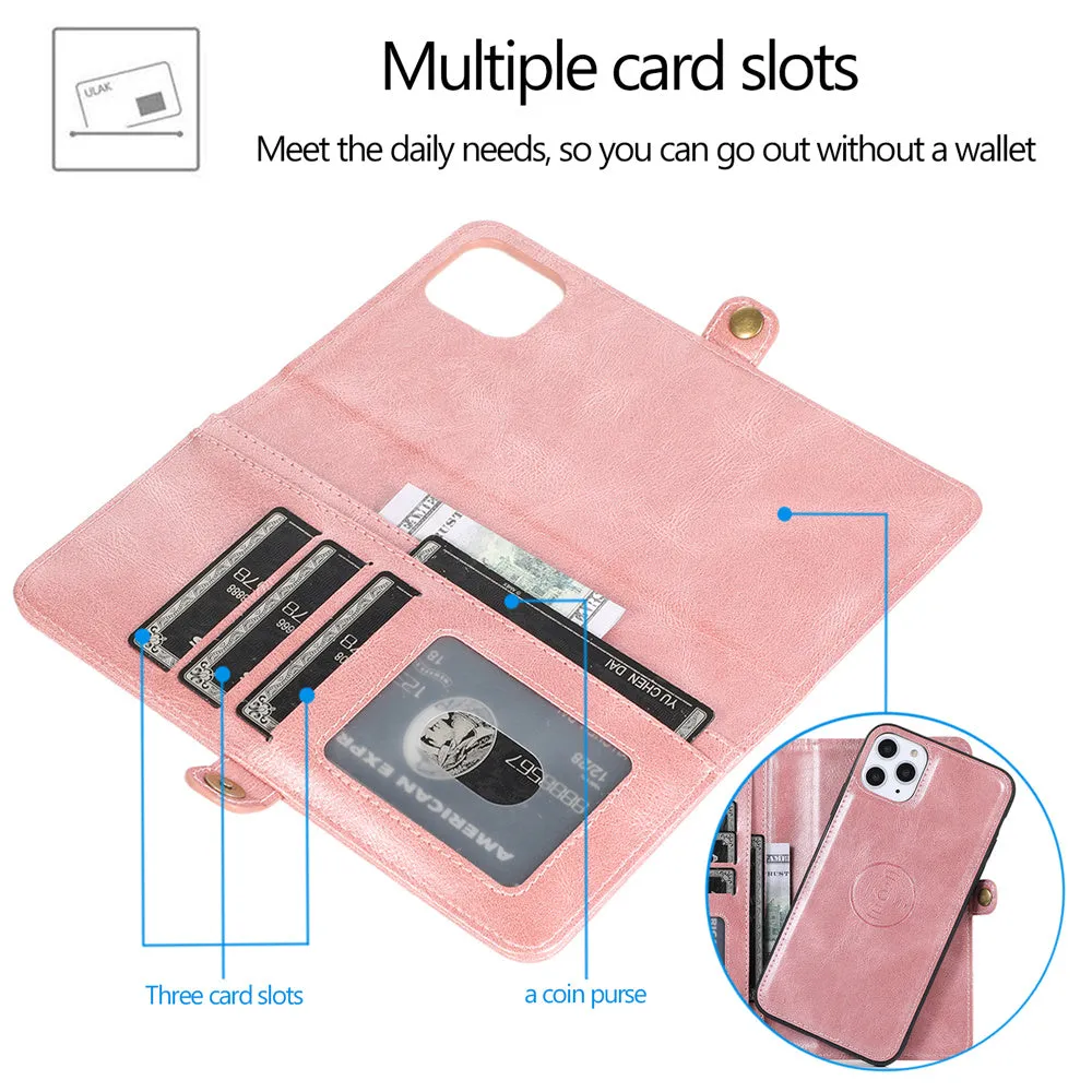 Vegan Leather Magnetic Card Holder Wallet Case with Strap for iPhone 11 to 15