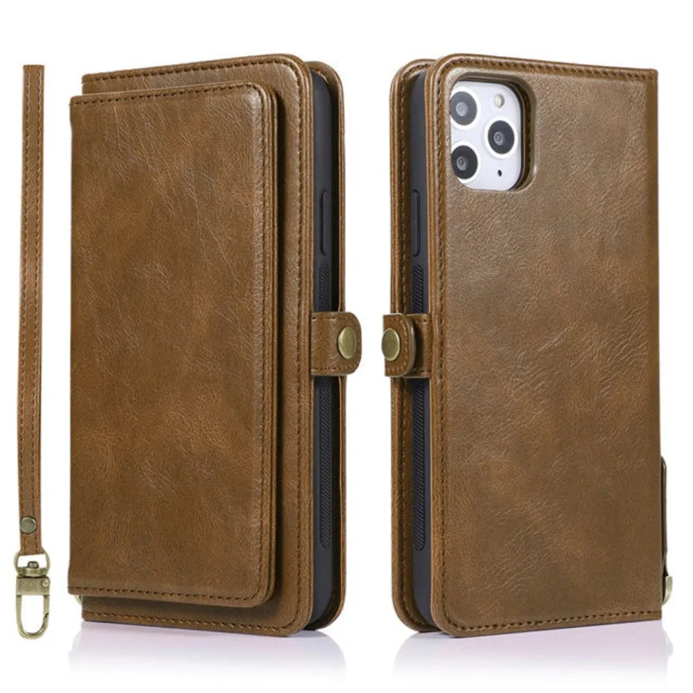 Vegan Leather Magnetic Card Holder Wallet Case with Strap for iPhone 11 to 15