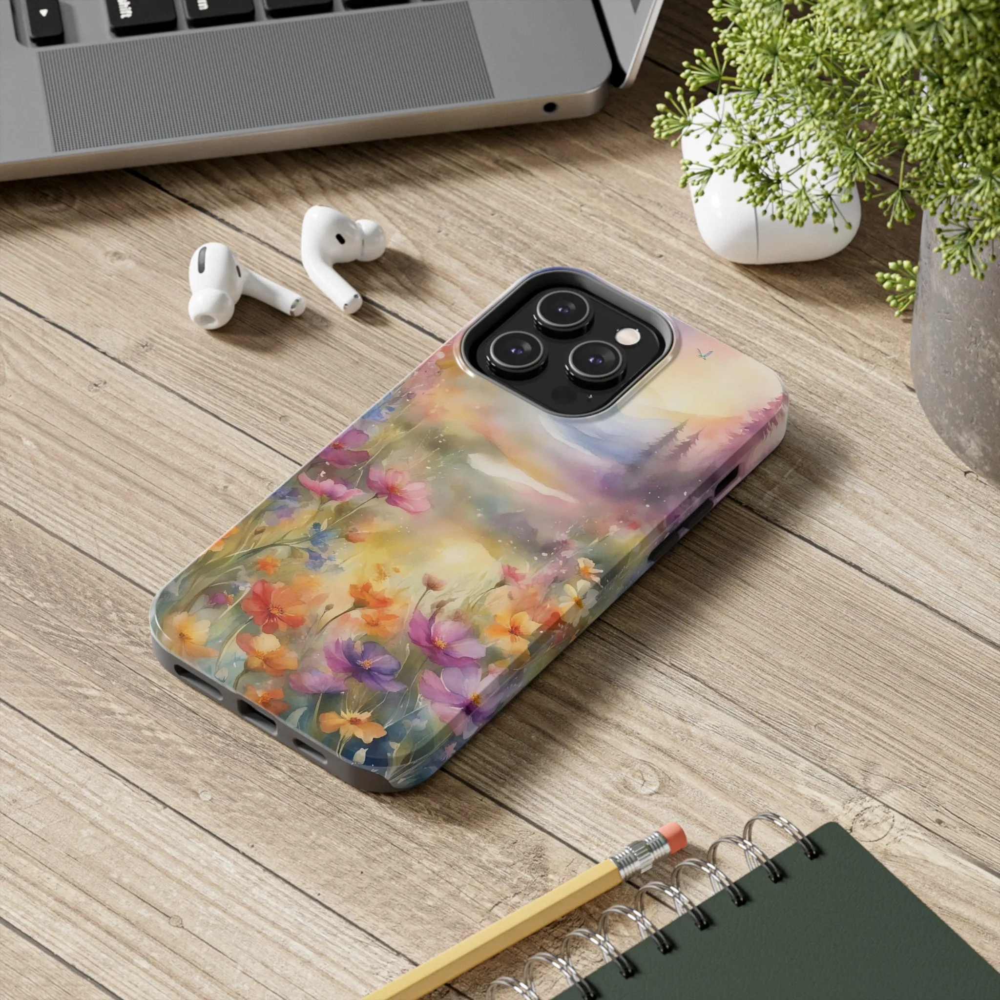 Watercolor Landscape and Wildflowers Pattern print design Tough Phone Case compatible with a large variety of phone models, Phone Case