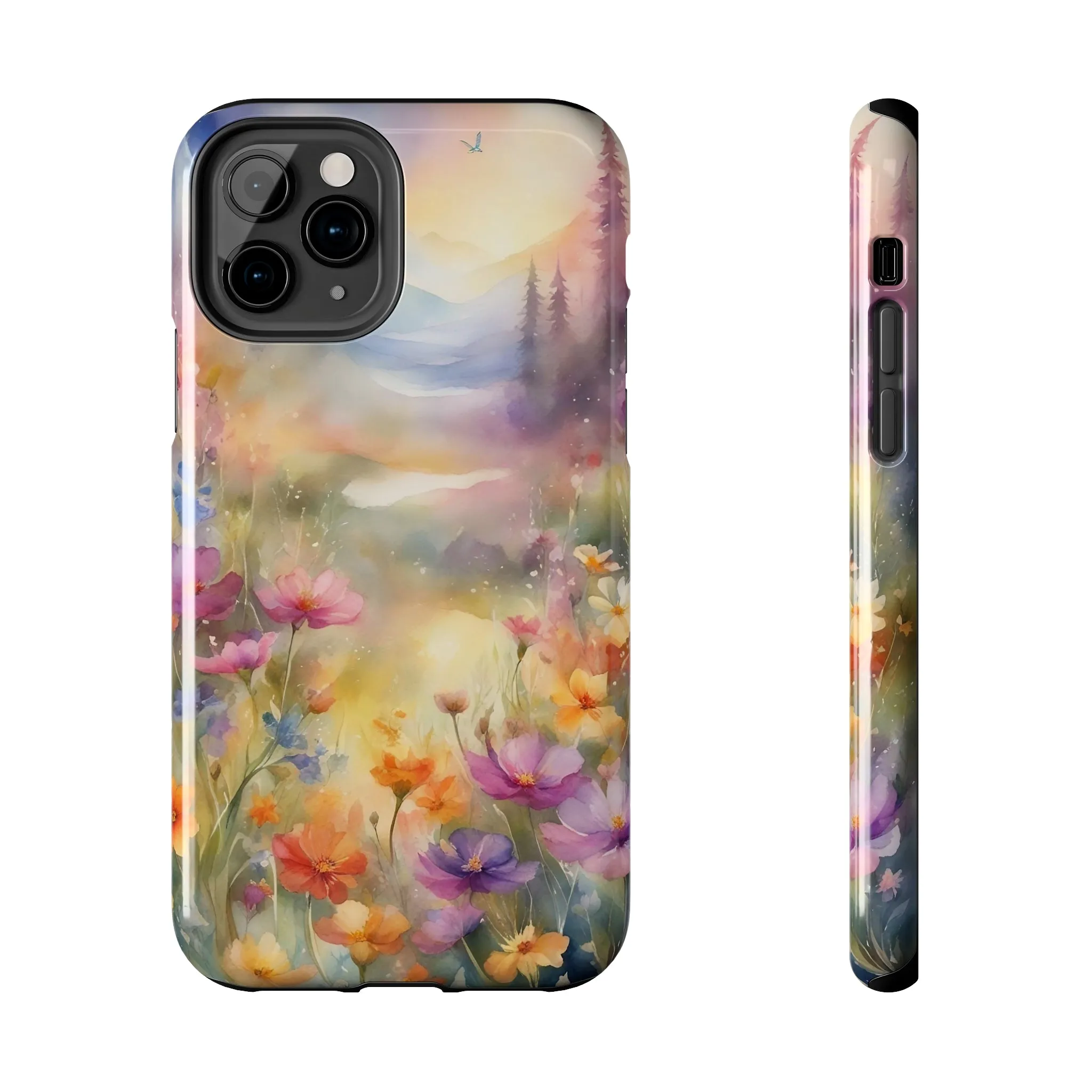 Watercolor Landscape and Wildflowers Pattern print design Tough Phone Case compatible with a large variety of phone models, Phone Case