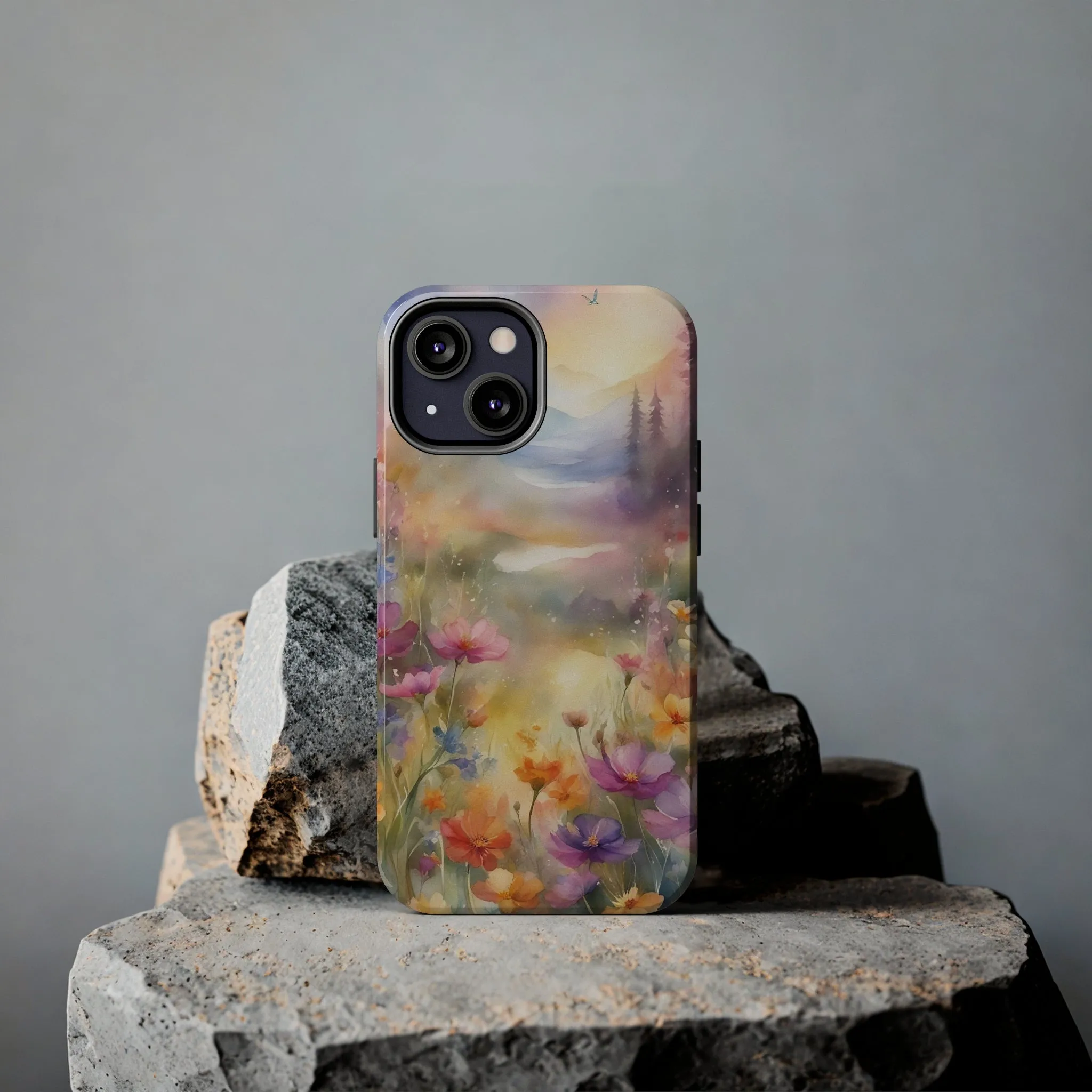 Watercolor Landscape and Wildflowers Pattern print design Tough Phone Case compatible with a large variety of phone models, Phone Case