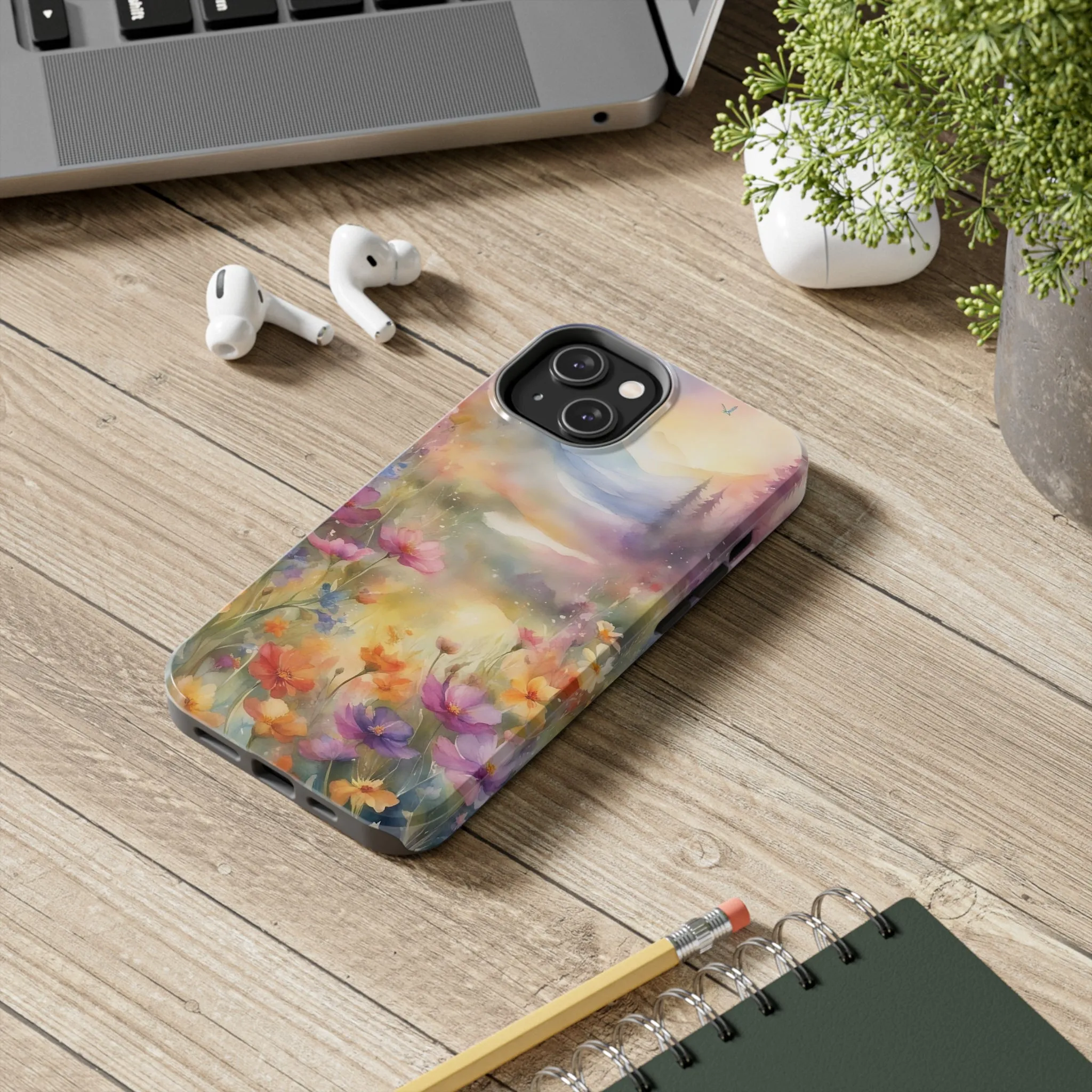 Watercolor Landscape and Wildflowers Pattern print design Tough Phone Case compatible with a large variety of phone models, Phone Case