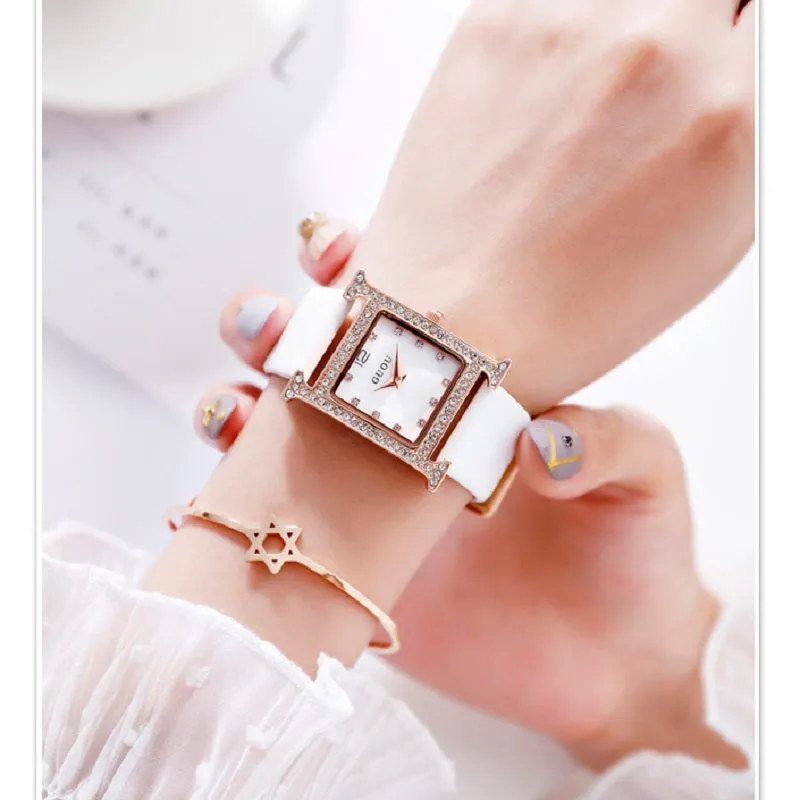 Women's Watch square pattern with diamond dial leather strap elegant watch