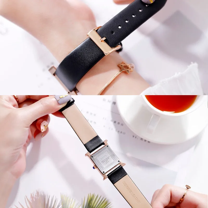 Women's Watch square pattern with diamond dial leather strap elegant watch