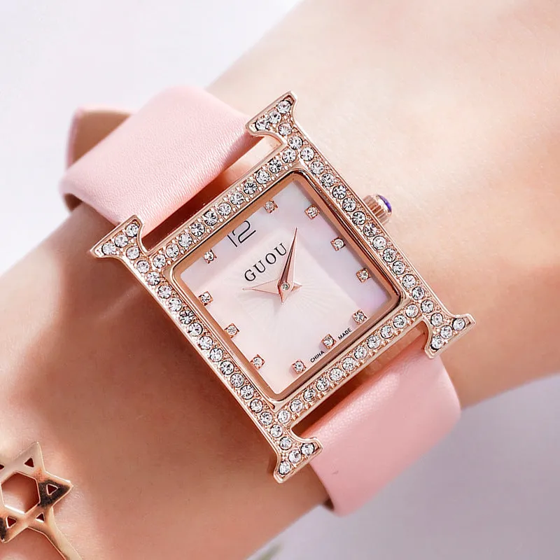 Women's Watch square pattern with diamond dial leather strap elegant watch