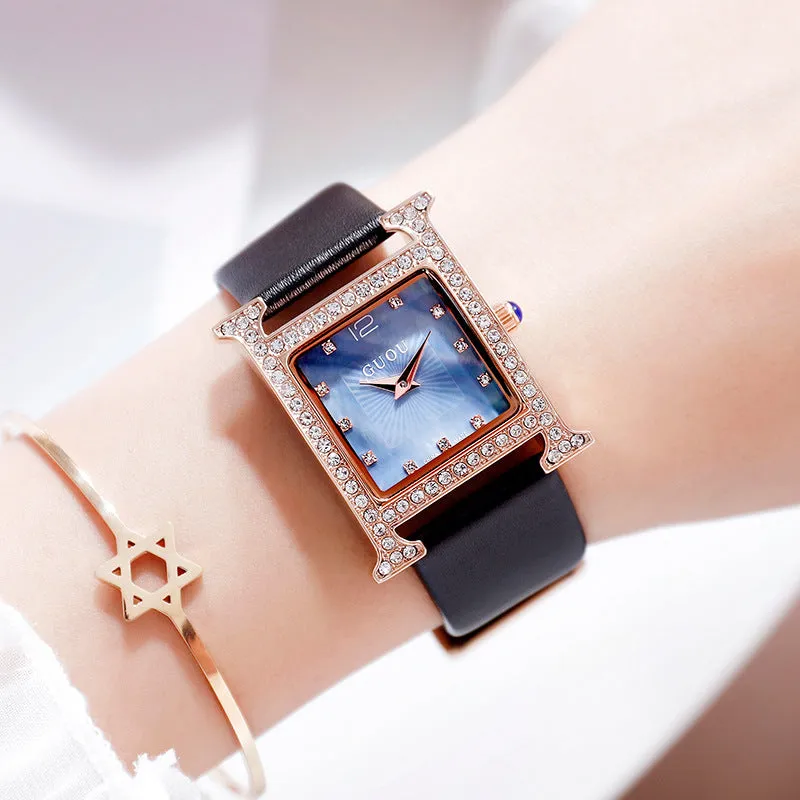 Women's Watch square pattern with diamond dial leather strap elegant watch