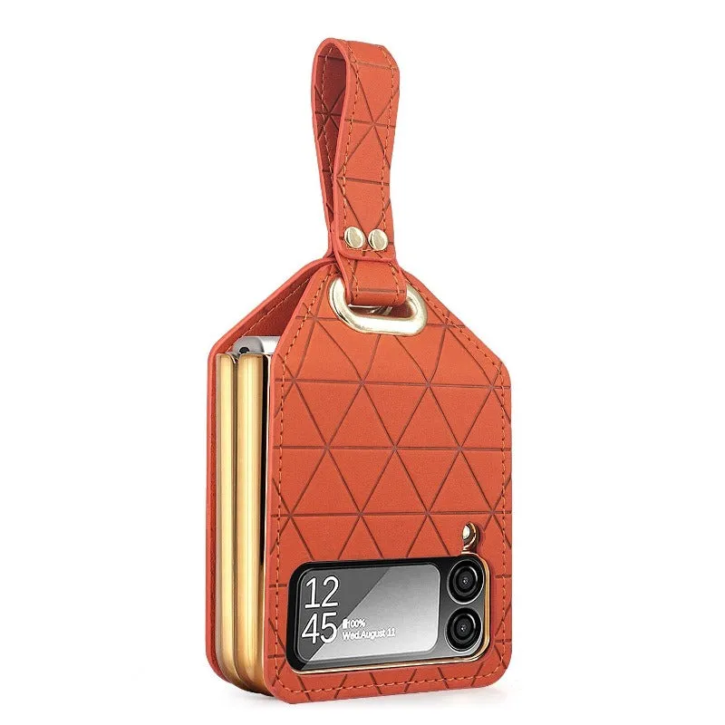 Wrist Strap Lattice Leather Phone Case For Samsung Galaxy Z Flip 5 4