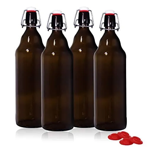 YEBODA 32 oz Amber Glass Beer Bottles for Home Brewing with Flip Caps, Case of 4