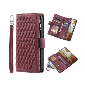 Zipper Wallet Mobile Phone Case for Apple  iPhone 13 Mini with Wrist Strap - Wine