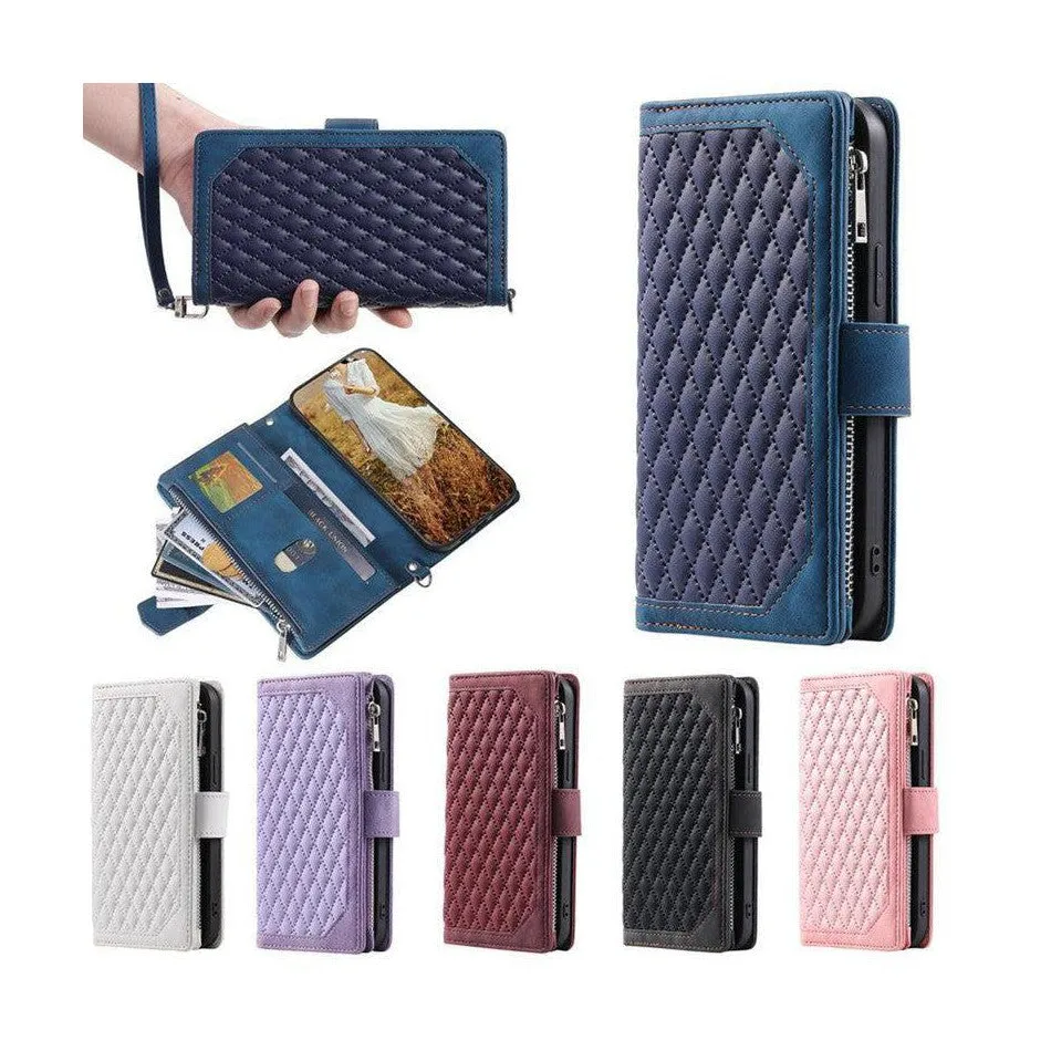 Zipper Wallet Mobile Phone Case for Apple  iPhone 13 Mini with Wrist Strap - Wine