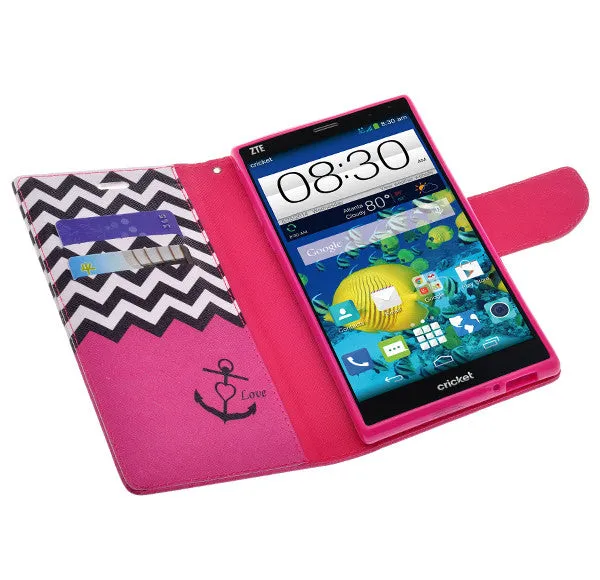 ZTE Grand X Max Case, Wrist Strap Magnetic Flip Fold[Kickstand] Pu Leather Wallet Case with ID & Card Slots - Hot Pink Anchor