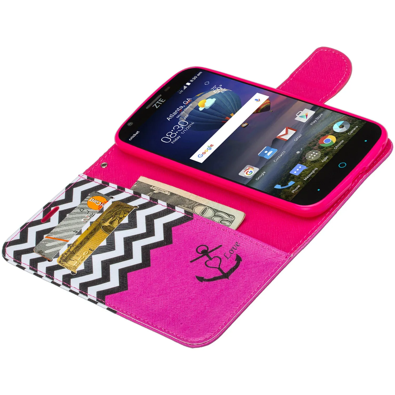 ZTE Grand X3, ZMAX Grand, ZMAX Champ, Warp 7, Avid 916 Case, Wrist Strap Magnetic Fold[Kickstand] Pu Leather Wallet Case Cover with ID & Credit Card Slots - Hot Pink Anchor