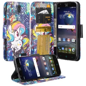 ZTE Grand X3, ZMAX Grand, ZMAX Champ, Warp 7, Avid 916 Case, Wrist Strap Magnetic Fold[Kickstand] Pu Leather Wallet Case Cover with ID & Credit Card Slots - Rainbow Unicorn